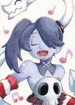 bad_id bad_pixiv_id bare_shoulders beamed_sixteenth_notes blue_hair blue_skin closed_eyes detached_collar detached_sleeves eighth_note fuyuno25 hair_over_one_eye leviathan_(skullgirls) long_hair monster_girl music musical_note open_mouth parasite quarter_note side_ponytail singing skull skullgirls solo squigly_(skullgirls) stitched_mouth stitches striped_sleeves zombie 