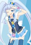  ;d armpits blue_background blue_eyes blue_hair blue_legwear crown cure_princess earrings happinesscharge_precure! heart jewelry long_hair looking_at_viewer magical_girl mini_crown nmaoh one_eye_closed open_mouth outline pleated_skirt precure salute shirayuki_hime skirt smile solo thighhighs twintails very_long_hair 
