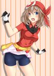  bandana belt_pouch bike_shorts blue_eyes blush brown_hair fuuma_(humawww) gloves haruka_(pokemon) highres looking_at_viewer open_mouth pokemon pokemon_(game) pokemon_rse pouch short_hair solo 