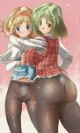  alice_margatroid ass blonde_hair blue_eyes blush breasts capelet fundoshi fundoshi_under_pantyhose green_hair groin hairband hands_clasped japanese_clothes kazami_yuuka large_breasts looking_at_viewer multiple_girls no_nose no_pants own_hands_together pantyhose pink_eyes short_hair smile touhou yohane 