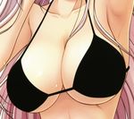  1girl armpits bangs barefoot bath bikini black_bikini blue_eyes breasts charlotte_hazellink cleavage close-up collarbone eyes_visible_through_hair feet hair_over_one_eye halterneck highres huge_filesize kneeling komori_kei large_breasts lavender_hair long_hair looking_at_viewer navel princess_lover side-tie_bikini swimsuit toes wet 