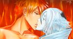  1boy 1girl bankai bleach fire hair_ornament ice incipient_kiss kuchiki_rukia kurosaki_ichigo looking_at_another orange_hair short_hair spoilers topless yuria-chu 