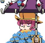  1girl animated animated_gif child cupcake female food hat hungern_(skullgirls) lowres pink_eyes pink_hair pixel_art raincoat red_eyes short_hair skullgirls solo_focus umbrella umbrella_(skullgirls) 