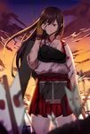  akagi_(kantai_collection) arrow ashiwara_yuu blood brown_eyes brown_hair gloves hakama_skirt injury japanese_clothes kantai_collection long_hair muneate partly_fingerless_gloves side_ponytail single_glove skirt solo tasuki thighhighs wind yugake 