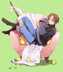  ahoge axis_powers_hetalia bangs blush boots brown_hair cat chair denim flag germany_(nekotalia) green_background heart holding jeans northern_italy_(hetalia) orange_eyes pants pillow r_(corolla) shirt simple_background sweat white_flag 