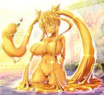  arms_behind_back blue_eyes breasts dango food goo_girl highres huge_breasts long_hair monster_girl no_feet no_nipples no_pussy personification scp-999 scp_foundation see-through shinikake smile solo twintails very_long_hair wagashi wet yellow 