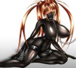  1girl artist_request bdsm blush bodysuit bondage bound breasts chains character_request cloth_gag clothed_navel collar cuffs erect_nipples female gag gagged improvised_gag latex latex_suit leash long_hair muscle nipples original over_the_nose_gag ronald_(takeronald) shiny solo source_request twintails 