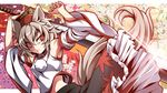  animal_ears armpits bare_shoulders detached_sleeves grey_hair hands_up hat inubashiri_momiji midriff red_eyes short_hair skirt solo squinting sword tail tokin_hat touhou uousa-ou weapon wolf_ears wolf_tail 