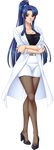  1girl belt blue_hair breasts brown_legwear cleavage collarbone crossed_arms dress_shirt female full_body high_heels kagami kagami_hirotaka labcoat large_breasts legs legs_crossed lilith-soft long_hair looking_at_viewer pantyhose ponytail red_eyes shiny shiny_clothes shiny_skin shirt shoes simple_background skirt solo standing taimanin_asagi taimanin_asagi_3 taimanin_murasaki thighs transparent_background yatsu_murasaki 