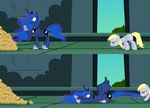  angry blonde_hair blue_eyes blue_fur comic crown derpy_hooves_(mlp) dragging equine female friendship_is_magic fur hair hi_res horn liamwhite1 mammal muffins my_little_pony pegasus princess_luna_(mlp) smile winged_unicorn wings 