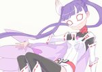 black_legwear boots cape hair_ornament komadori_renge long_hair long_sleeves mask outstretched_arm purple_hair ribbon-trimmed_legwear ribbon-trimmed_sleeves ribbon_trim sekai_seifuku:_bouryaku_no_zvezda sitting smile solo thighhighs twintails white_background white_robin 
