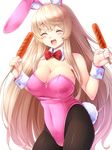  animal_ears bad_id bad_pixiv_id black_legwear blonde_hair blush breasts bunny_ears bunny_tail bunnysuit cleavage closed_eyes detached_collar food highres honeycomb_(pattern) honeycomb_print komimiyako large_breasts leotard long_hair pantyhose pink_leotard print_legwear sausage shiritsu_momojiri_gakuen_seitokai! solo tail wrist_cuffs 