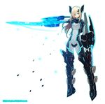  armor blonde_hair bodysuit cosmic_break covered_navel glowing green_eyes hair_ornament hair_over_one_eye highres mecha_musume morizo_cs official_art solo sword vanessa_batros weapon 