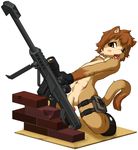  ?? anthro blush brown_hair cat feline flaccid gun hair kaitou kneeling male mammal open_mouth penis pinup plain_background pose ranged_weapon rifle short_hair sniper_rifle solo teeth tongue weapon white_background 