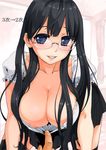  areolae black_hair black_legwear blue_eyes blush breasts cleavage collarbone glasses kimky large_breasts leaning_forward long_hair looking_at_viewer open_mouth original rimless_eyewear shirt_pull skirt smile thighhighs 