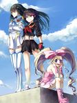  black_hair boots bow epaulettes eyepatch harime_nui hiaka_kadaitasugi huge_bow junketsu kill_la_kill kiryuuin_satsuki matoi_ryuuko multicolored_hair multiple_girls pink_bow pink_footwear senketsu 