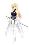  blonde_hair boots breasts elbow_gloves gloves highres knight large_breasts long_hair nehani_(tworship) original overskirt pleated_skirt red_eyes simple_background skirt solo sword thigh_boots thighhighs weapon white_background white_gloves white_legwear zettai_ryouiki 