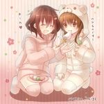  :d ^_^ brown_eyes brown_hair closed_eyes dango eating fang food hair_ornament hairclip ikazuchi_(kantai_collection) inazuma_(kantai_collection) kantai_collection loungewear mochi multiple_girls open_mouth pajamas pink_legwear plate pom_pom_(clothes) serino_itsuki short_hair short_shorts shorts sidelocks smile thighhighs translation_request twitter_username wagashi white_legwear 