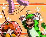  1boy 1girl animal_costume blush brown_hair catsuit crown earrings eyes_closed facial_hair hsort_hair jewelry luigi mario_(series) mustache nintendo orange_hair princess_daisy short_hair super_mario_3d_world super_mario_bros. super_mario_land 