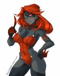  black_skin breasts claws cleavage eyebrows genderswap genderswap_(mtf) hand_on_hip kill_la_kill large_breasts lips long_fingers long_hair md5_mismatch one-eyed owler personification red_eyes red_hair scar senketsu solo thick_eyebrows yellow_sclera 