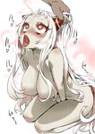  1girl airfield_hime asanagi between_legs blush breasts cum facial fang hair_censor hand_between_legs heart heart-shaped_pupils hetero horns kantai_collection large_breasts long_hair nipples nude open_mouth pale_skin red_eyes shinkaisei-kan solo_focus symbol-shaped_pupils tongue tongue_out white_hair 