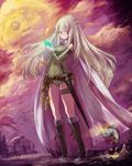  belt blonde_hair boots brown_footwear cape celes_chere cloud cross-laced_footwear detached_sleeves final_fantasy final_fantasy_vi fish gem green_leotard highres holding house leotard long_hair magicite purple purple_background solo standing sword thigh_strap twilight umeda_yoshio weapon 