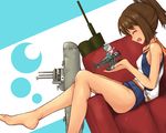  :d ^_^ aircraft airplane armchair bare_shoulders barefoot brown_hair chair closed_eyes dutch_angle fairy_(kantai_collection) from_side i-401_(kantai_collection) kakiha_makoto kantai_collection lying m6a_seiran on_side one-piece_swimsuit open_mouth ponytail sailor_collar school_swimsuit school_uniform seiran_(kantai_collection) short_hair short_ponytail sideways_mouth smile swimsuit swimsuit_under_clothes 