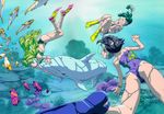  battle_athletes bikini black_hair blonde_hair closed_eyes coral dolphin flippers glasses green_hair grin long_hair multiple_girls one-piece_swimsuit short_hair smile swimming swimsuit underwater 