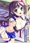  breasts bucchake_(asami) cleavage green_eyes large_breasts long_hair midriff navel open_mouth original purple_hair race_queen skirt smile solo 