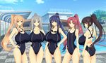  arms_behind_back ass blonde_hair blue_eyes blue_hair breasts brown_eyes cleavage competition_school_swimsuit competition_swimsuit covered_navel frown goggles goggles_around_neck hair_ribbon highres huge_breasts lane_line long_hair looking_at_viewer multiple_girls nehani_(tworship) odd_one_out one-piece_swimsuit original ponytail pool poolside profile red_eyes red_hair ribbon school silver_hair smile swimsuit 