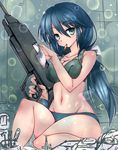  aqua_eyes bra breasts bullet bullet_in_mouth green_bra green_panties gun hair_ribbon highres isuzu_(kantai_collection) kantai_collection long_hair looking_at_viewer medium_breasts narumiya_(empty_cafe) navel panties ribbon solo twintails underwear underwear_only weapon 