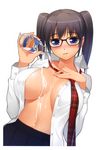  absurdres black_hair blue_eyes blush bottle breasts breasts_apart copyright_request covered_nipples glasses highres large_breasts looking_at_viewer loose_necktie milk milk_bottle navel necktie open_clothes open_shirt plaid plaid_neckwear pouring school_uniform shirt solo tsuji_santa twintails 