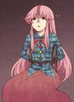  arms_behind_back bad_id bad_twitter_id belt bow bubble_skirt chair hata_no_kokoro long_hair long_sleeves looking_up nose nose_hook open_mouth pink_eyes pink_hair plaid plaid_shirt shirt simple_background sitting skirt solo star tears touhou triangle urin 