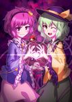  absurdres blush bobomaster embarrassed eyeball green_eyes green_hair hairband hat hat_ribbon heart heart_hands heart_hands_duo heart_of_string highres interlocked_fingers komeiji_koishi komeiji_satori multiple_girls one_eye_closed open_mouth pink_skirt purple_eyes purple_hair ribbon short_hair siblings sisters skirt smile sweatdrop third_eye touhou wavy_mouth 