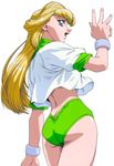  arm_up ass battle_athletes blonde_hair blue_eyes buruma jessie_gurtland long_hair looking_back midriff non-web_source open_mouth ribbon_bangs simple_background solo white_background wrist_cuffs 