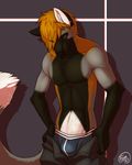  anthro black_nose blue_eyes bulge canine ear_piercing feralise fox fur male mammal piercing plain_background solo topless underwear undressing 