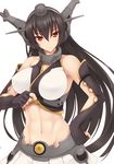  abs bare_shoulders black_legwear breasts elbow_gloves fingerless_gloves gloves highres kantai_collection large_breasts nagato_(kantai_collection) naturalton navel red_eyes shirt_lift solo toned 