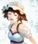  absurdres black_hair blue_dress blue_hat breasts cleavage closed_eyes collarbone dress hat highres huke medium_breasts open_mouth shiina_mayuri short_hair solo steins;gate upper_body 