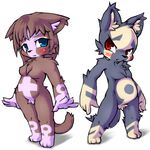  3_toes 4_fingers ?? anthro black_nose blue_eyes blue_fur blush breasts brown_fur brown_hair canine cat chest_tuft feline female fur hair kaitou long_hair male mammal nude plain_background red_eyes toes tuft white_background white_fur 