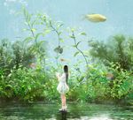  black_hair bubble bug butterfly dress fish floral_print goldfish high_heels insect long_hair original plant underwater wallacexi 
