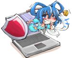  blue_dress blue_eyes blue_hair blush breasts cleavage commentary computer dress grin hair_ornament hair_rings hair_stick hand_on_own_cheek kaku_seiga laptop looking_at_viewer open_clothes open_vest shawl shield shinapuu small_breasts smile solo through_screen touhou vest 