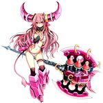  armor axe bikini_armor bikini_top blush cosmic_break huge_weapon kneehighs leg_garter miruru_miu morizo_cs navel official_art panties pink_hair red_eyes solo tail underwear weapon 