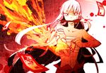  bare_shoulders blurry calligraphy_brush clenched_hand crashtv depth_of_field fire flame floating_hair fujiwara_no_mokou grin hair_ornament_removed hair_ribbon long_hair mouth_hold ofuda outstretched_arm paint_splatter paintbrush red_eyes ribbon sarashi smile solo touhou tress_ribbon 