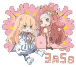  1girl blonde_hair blue_eyes chibi coat collet_brunel dated floral_background flower headband long_hair no_nose pantyhose red_hair shoes sitting smile tales_of_(series) tales_of_symphonia yakigyouza zelos_wilder 