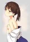  bad_id bad_nicoseiga_id bare_shoulders breasts brown_hair covering covering_breasts highres japanese_clothes kaga_(kantai_collection) kantai_collection kinta_(distortion) medium_breasts off_shoulder profile short_hair side_ponytail solo undressing 