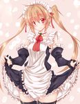  alternate_costume apron bare_shoulders brown_eyes brown_hair choker cosplay detached_sleeves enmaided frills highres kantai_collection long_hair maid maid_headdress murasame_(kantai_collection) myucel_foalan myucel_foalan_(cosplay) narumiya_(empty_cafe) outbreak_company skirt skirt_hold smile solo thighhighs twintails 