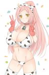  animal_print bell bikini braid breasts cleavage cow_bell cow_horns cow_print double_v gloves highres horns huge_breasts long_hair navel nehani_(tworship) no-rin pink_hair red_gloves smile solo strap_gap sweatdrop swimsuit thighhighs v yellow_eyes yoshida_kochou 