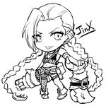  braid character_name chibi greyscale gun jinx_(league_of_legends) league_of_legends long_hair lowres momoko_(momopoco) monochrome sketch solo tongue tongue_out twin_braids weapon 