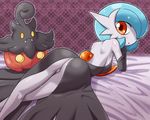  alternate_color ass back bed bed_sheet blue_hair breasts chin_rest clothed_pokemon from_behind gardevoir gen_3_pokemon gen_6_pokemon kneepits legs looking_at_viewer looking_back lying medium_breasts mega_gardevoir mega_pokemon no_humans on_bed on_stomach orange_eyes pokemoa pokemon pokemon_(creature) pumpkaboo shiny_pokemon sideboob 