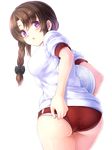  adjusting_buruma adjusting_clothes ass bad_id bad_pixiv_id ball bow braid breasts brown_hair buruma gym_uniform hair_bow highres komimiyako medium_breasts panties panties_under_buruma purple_eyes purple_hair shiritsu_momojiri_gakuen_seitokai! single_braid solo underwear white_panties 